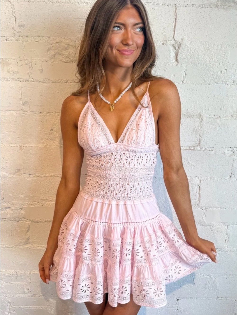 Light Pink Eyelet Mini Dress with Spaghetti Straps